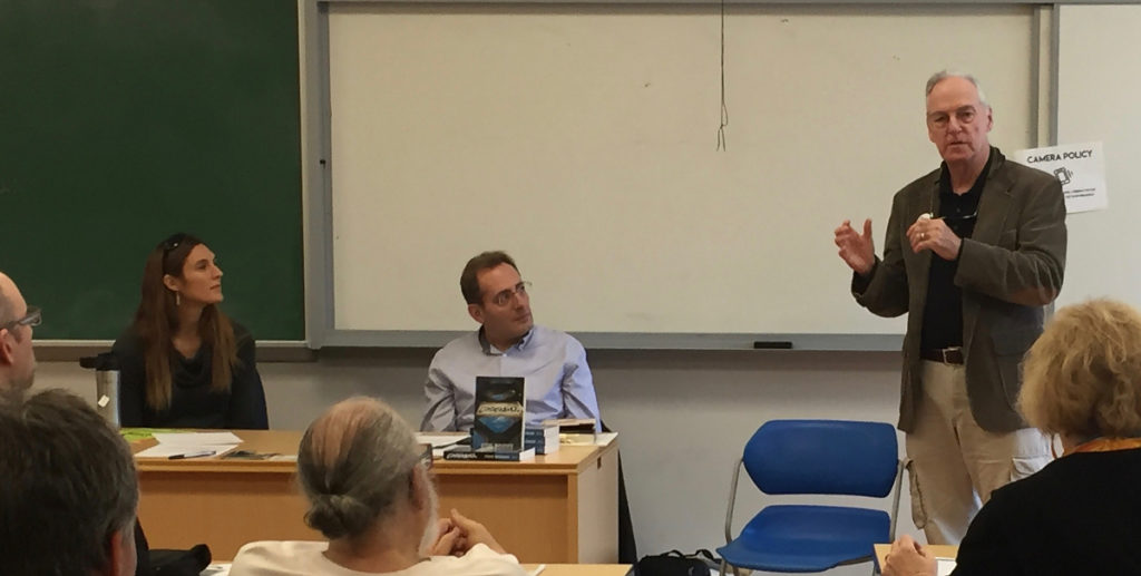 Narrating The Anthropocene panel at the Howard Zinn Book Fair, 19 Nov 2017. From left to right: Liz Carlisle, Steve Masover, Michael J. Fitzgerald (not pictured: Jean Tepperman). Photo credit: Sylvia Fox.