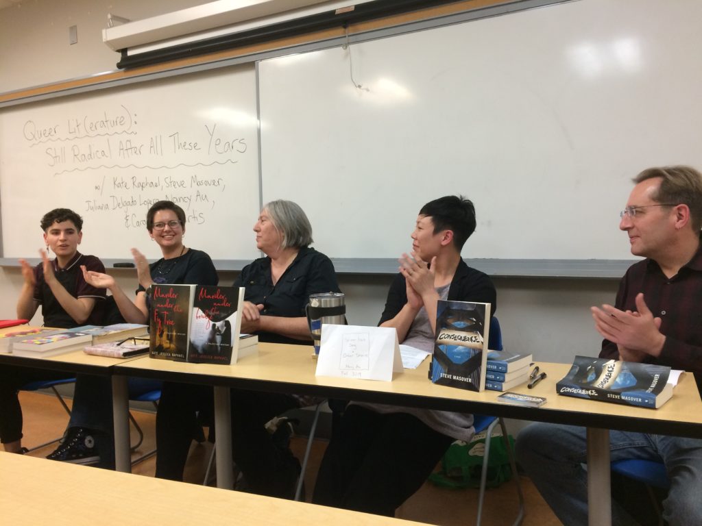 Co-panelists Juliana Delgado Lopera, Carolina De Robertis, Kate Raphael, Nancy Au, and Steve Masover at the Howard Zinn Book Fair, 2 Dec 2018